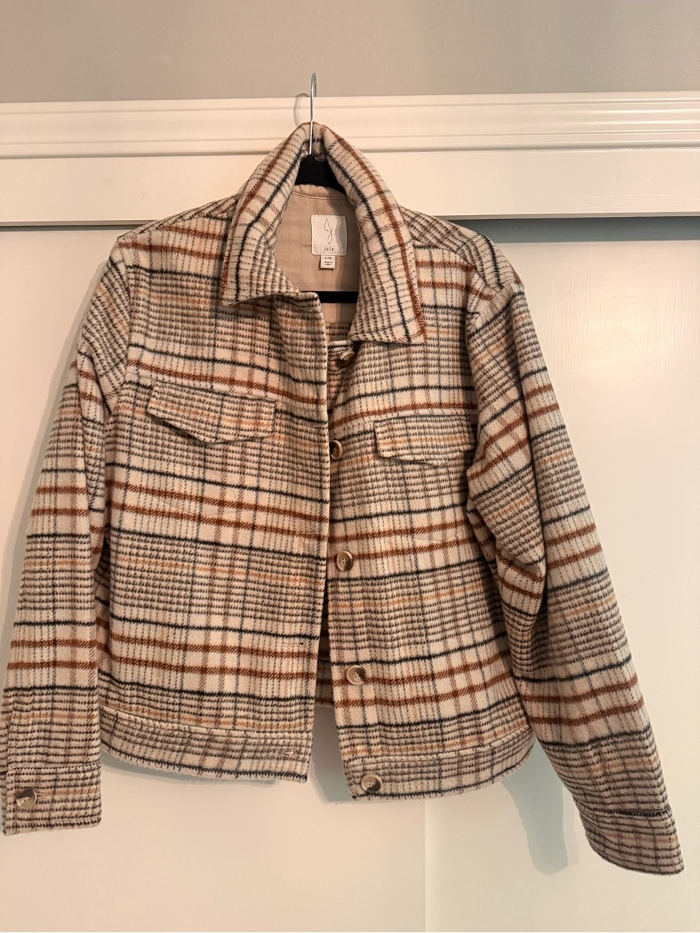 Joie Womens Brown Black Tan Plaid Jacket Large Button Up Shacket Utility